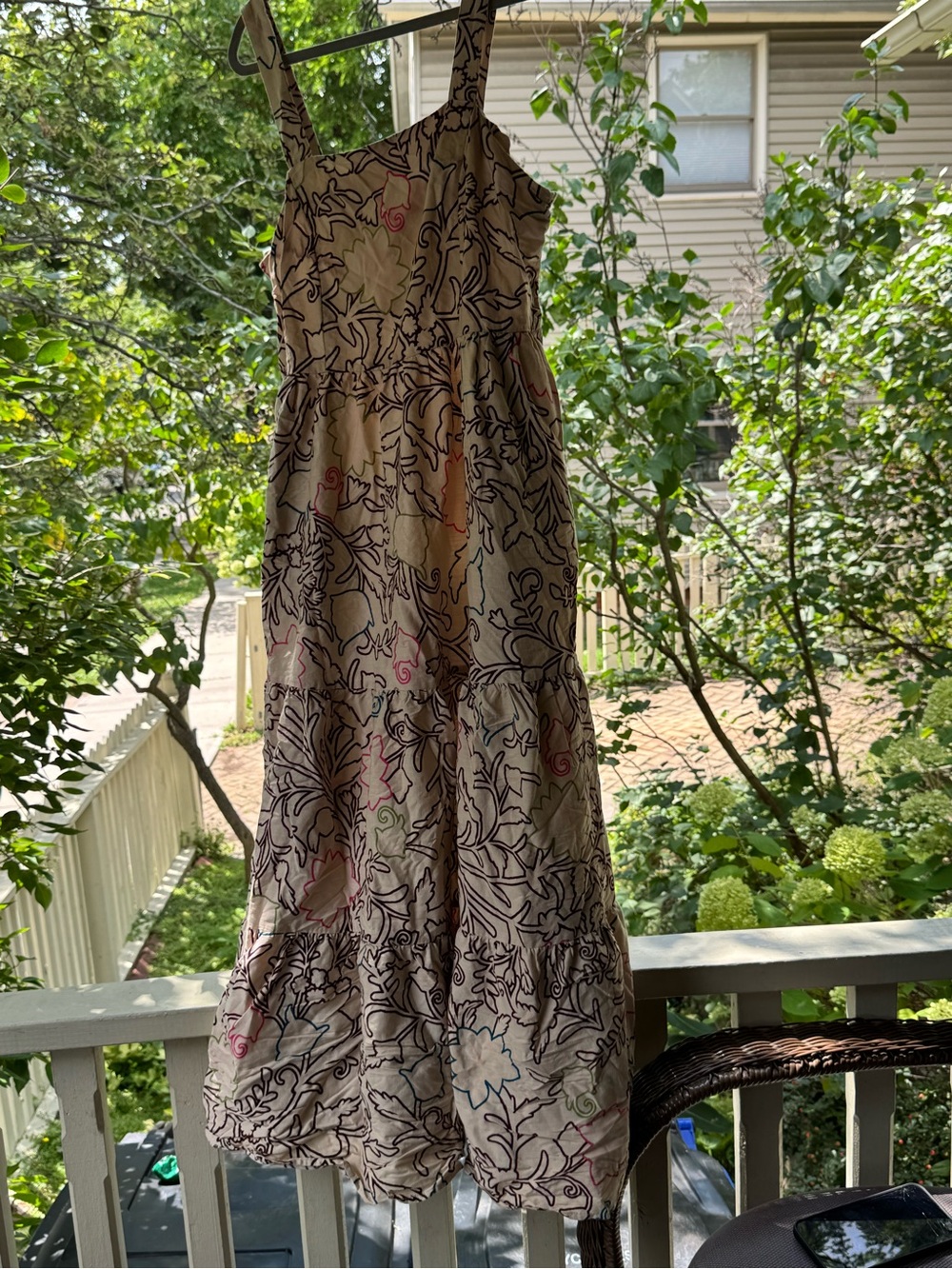 Knox Rose Beige Maxi Dress with Black Outline and Pink & Blue Floral Details